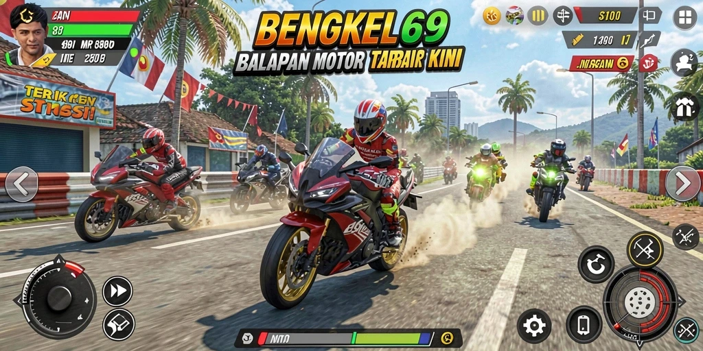 Screenshot gameplay BENGKEL69 menampilkan serunya balapan motor.