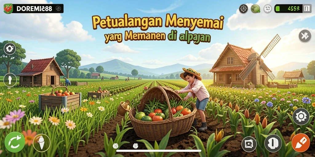 Screenshot gameplay DOREMI88 menunjukkan aktivitas bertani yang seru dan interaktif.