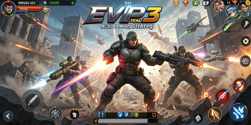 Screenshot gameplay EVIP3 yang menunjukkan aksi spektakuler di arena pertarungan.
