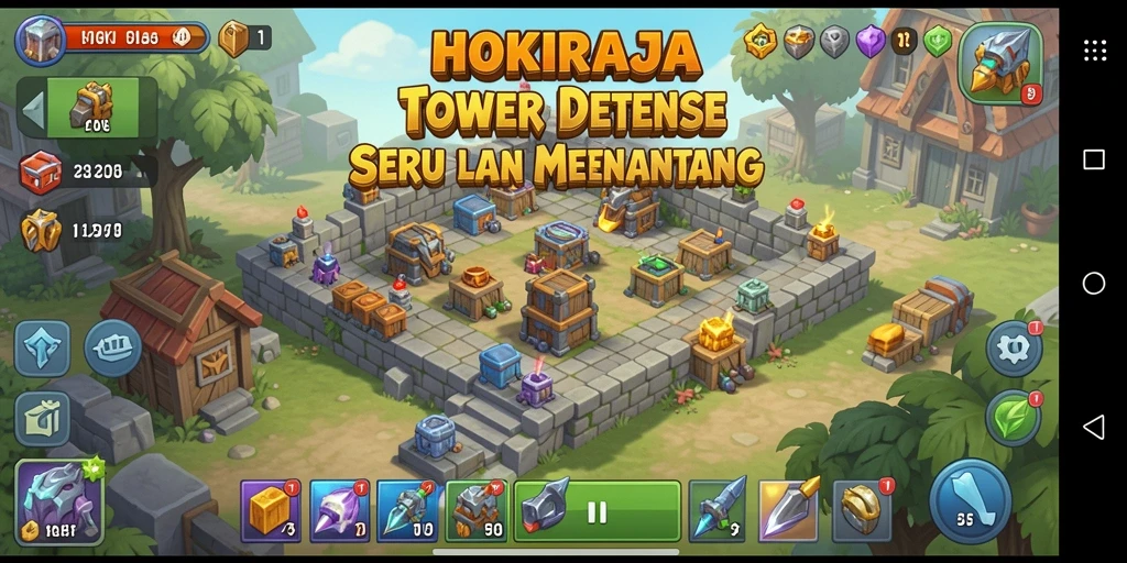 Screenshot HOKIRAJA menampilkan aksi pertahanan menara yang mendebarkan.