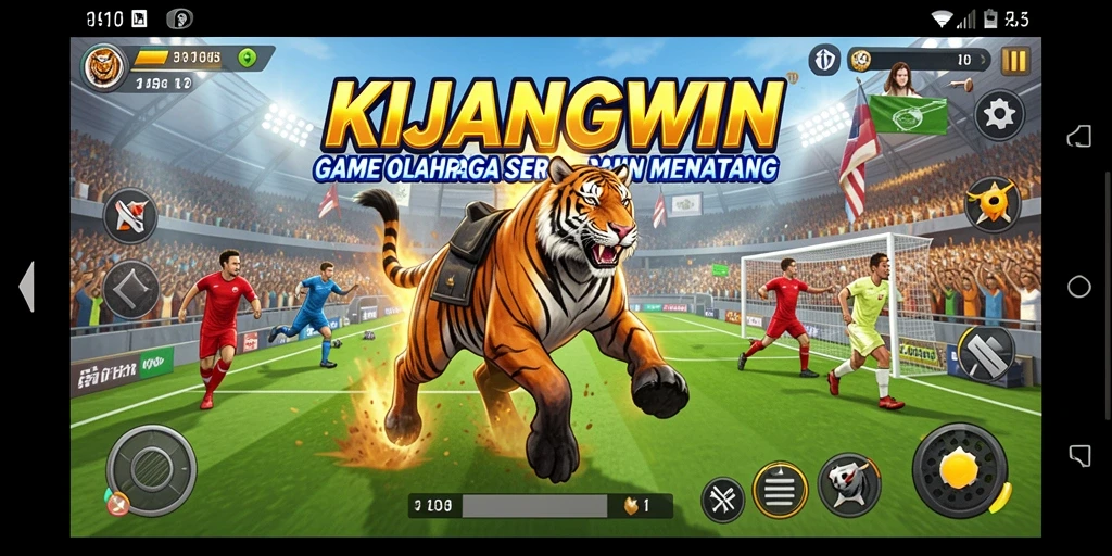 Screenshot utama KIJANGWIN menampilkan aksi seru di lapangan olahraga.
