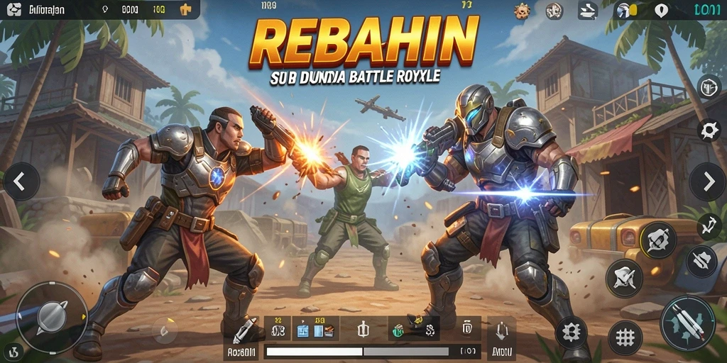 Tangkapan layar gameplay REBAHIN yang menunjukkan pertempuran intens di medan pertempuran.