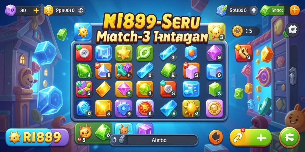 Screenshot utama RI889 menampilkan gameplay Match-3 yang menarik dan penuh warna.