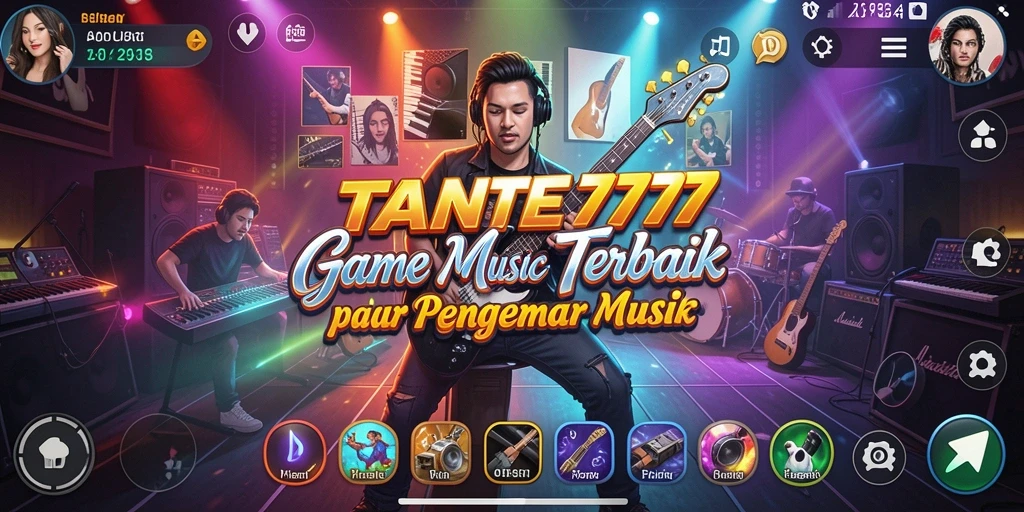 Tampilan gameplay TANTE777 yang menarik dengan berbagai pilihan musik.
