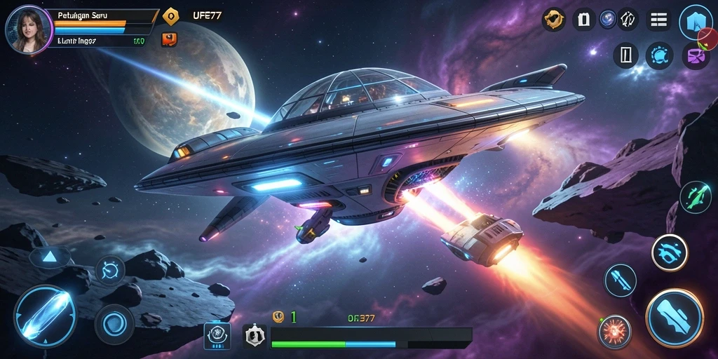 Tampilan gameplay <strong>UFO77</strong> menampilkan aksi petualangan luar angkasa yang seru.