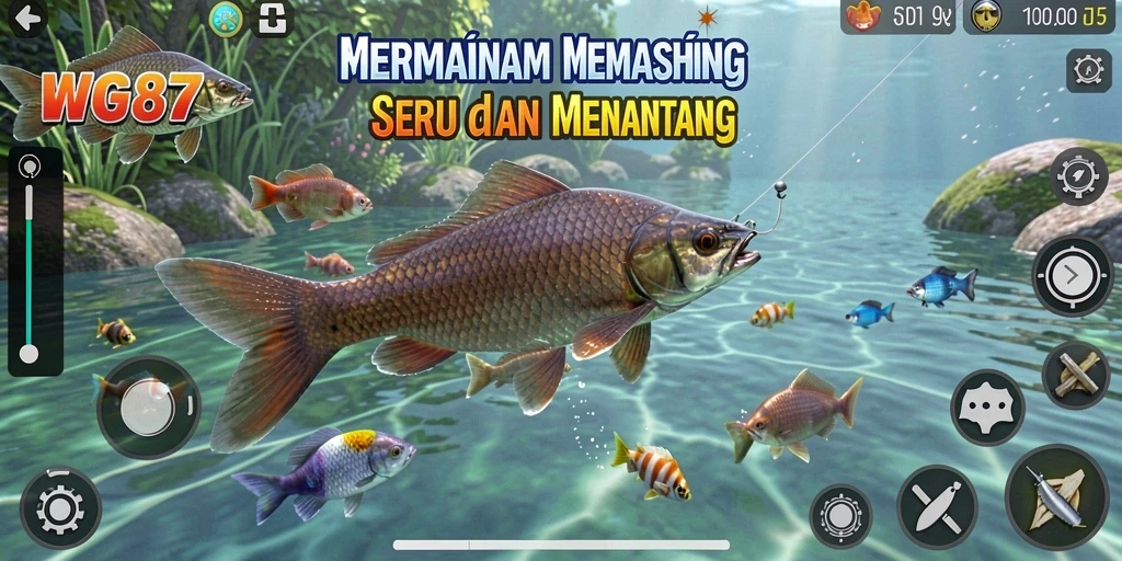 Screenshot gameplay WG87 menampilkan momen seru menangkap ikan.